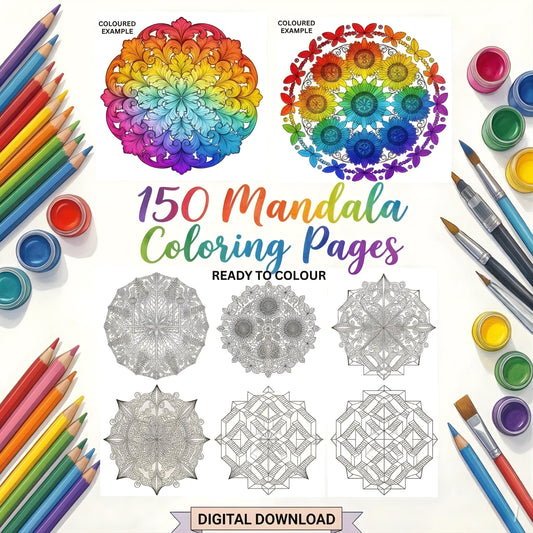 150 Pages Mandala Coloring Book | Printable Adult Coloring Book | Digital Download PDF | Floral & Geometric Mandalas | Stress Relief Zen Art